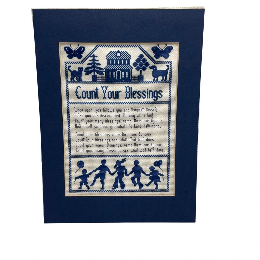 Vintage Style Cross Stitch Count Your Blessing Navy Blue 12x16 Cottage Farmhouse